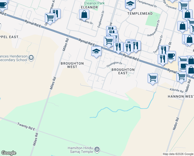 map of restaurants, bars, coffee shops, grocery stores, and more near 10 Cadham Boulevard in Hamilton