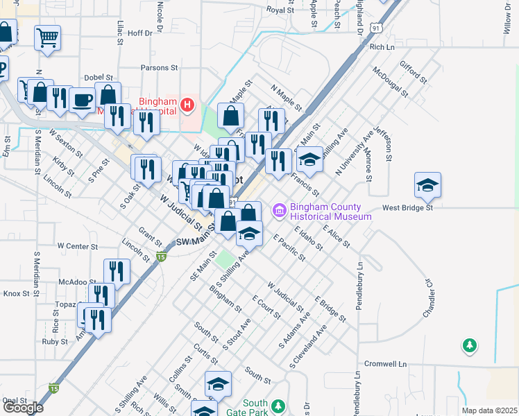 map of restaurants, bars, coffee shops, grocery stores, and more near 191 Northwest Main Street in Blackfoot