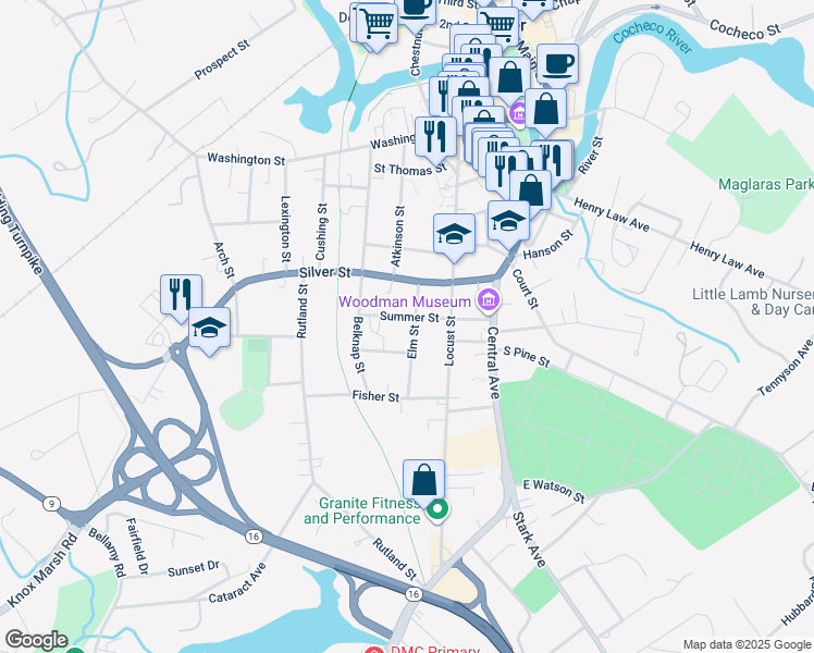 map of restaurants, bars, coffee shops, grocery stores, and more near 45 Summer Street in Dover