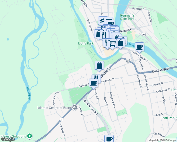 map of restaurants, bars, coffee shops, grocery stores, and more near in Brant