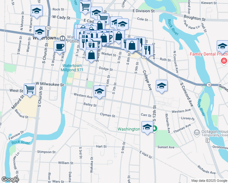 map of restaurants, bars, coffee shops, grocery stores, and more near South 7th Street in Watertown