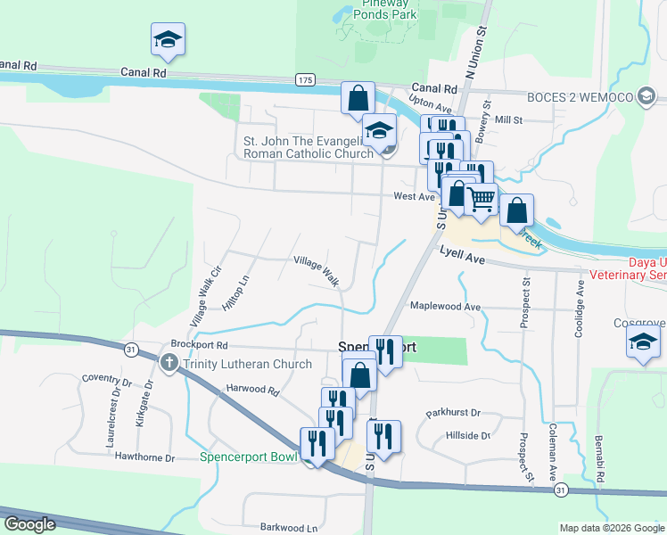 map of restaurants, bars, coffee shops, grocery stores, and more near 89 Highview Drive in Spencerport