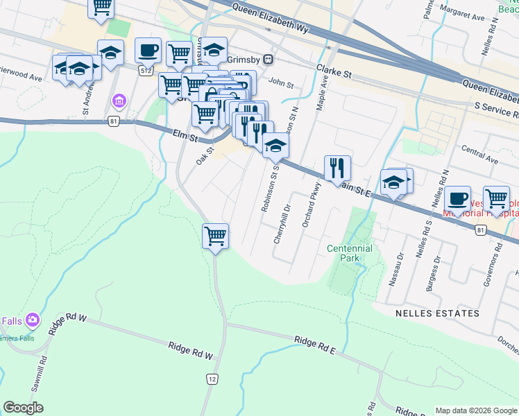 map of restaurants, bars, coffee shops, grocery stores, and more near 24 Robinson Street South in Grimsby