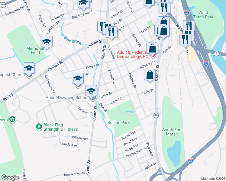 map of restaurants, bars, coffee shops, grocery stores, and more near 38 Kimball Street in Concord