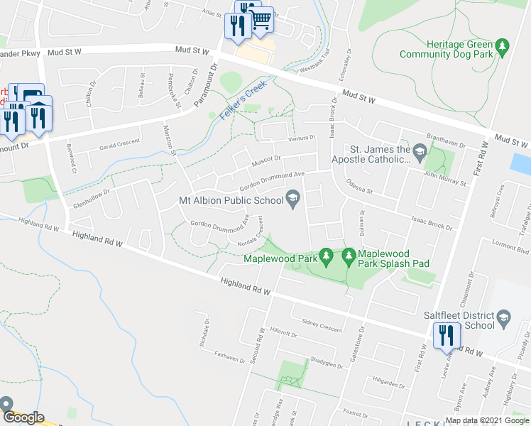 map of restaurants, bars, coffee shops, grocery stores, and more near 48 Nordale Crescent in Hamilton