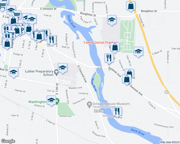 map of restaurants, bars, coffee shops, grocery stores, and more near 1432 Henry Street in Watertown