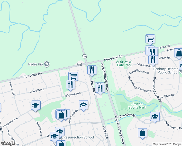 map of restaurants, bars, coffee shops, grocery stores, and more near 677 Park Road North in Brantford