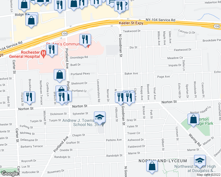 map of restaurants, bars, coffee shops, grocery stores, and more near 355 North Park Drive in Rochester
