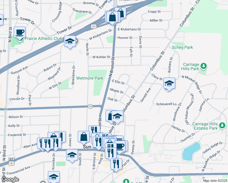 map of restaurants, bars, coffee shops, grocery stores, and more near 124 Maple Street in Sun Prairie