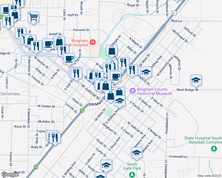map of restaurants, bars, coffee shops, grocery stores, and more near 75 Northwest Main Street in Blackfoot