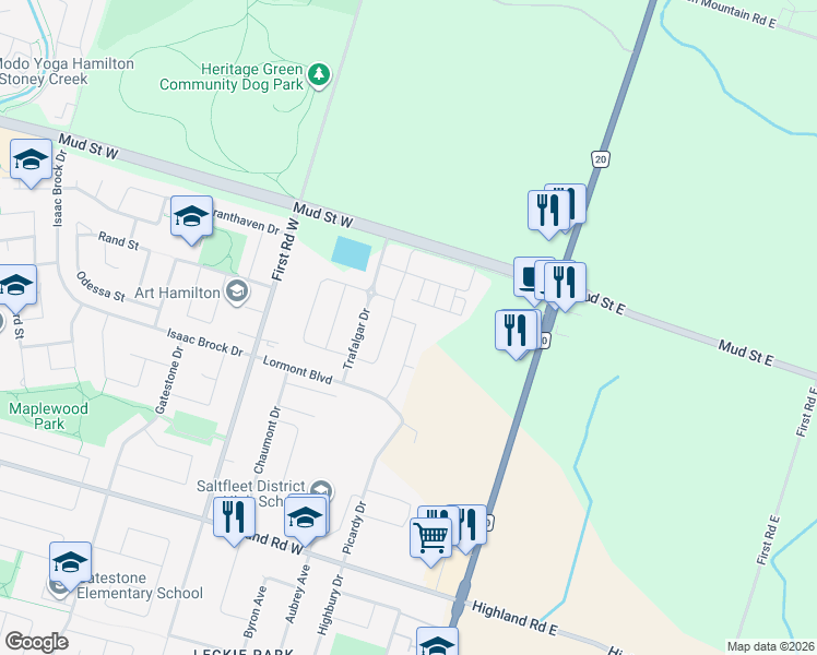 map of restaurants, bars, coffee shops, grocery stores, and more near 76 Bradbury Road in Hamilton