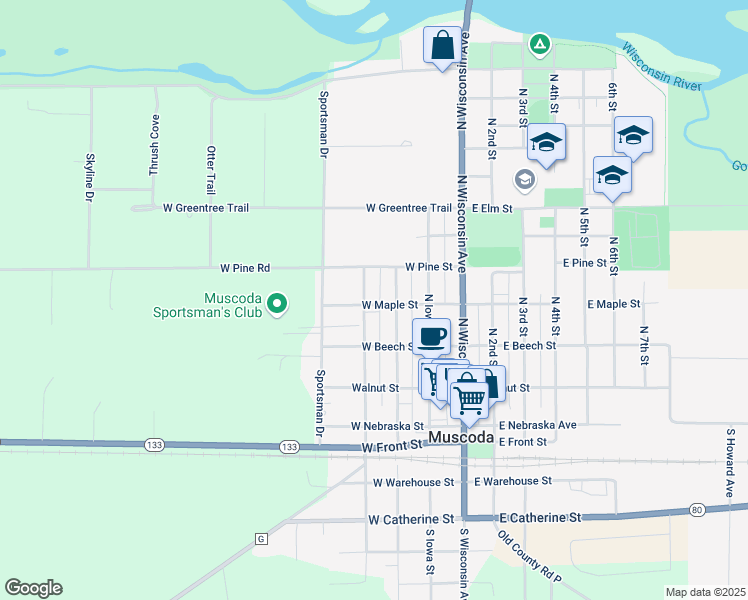 map of restaurants, bars, coffee shops, grocery stores, and more near 316 West Maple Street in Muscoda