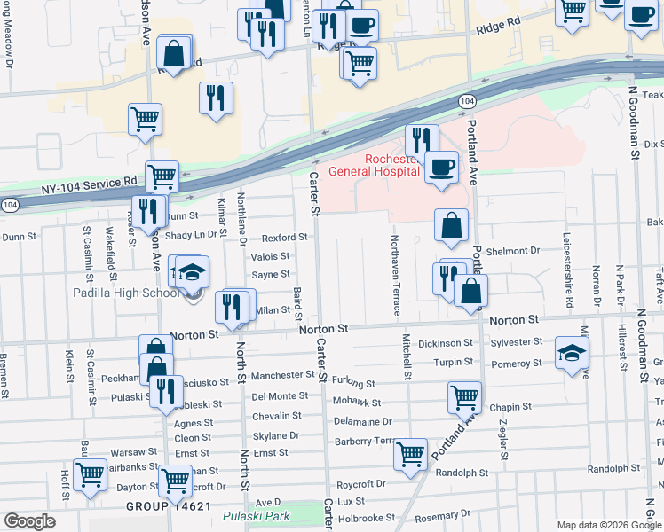 map of restaurants, bars, coffee shops, grocery stores, and more near 667 Carter Street in Rochester