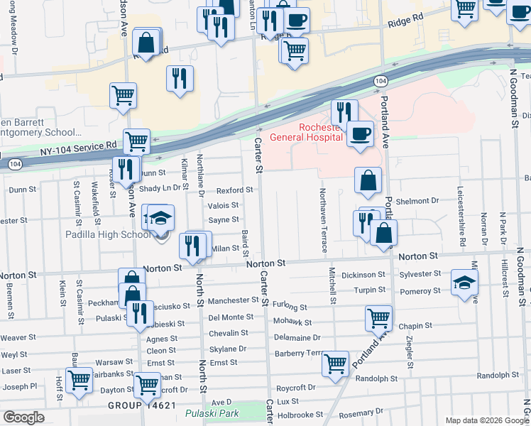 map of restaurants, bars, coffee shops, grocery stores, and more near 667 Carter Street in Rochester