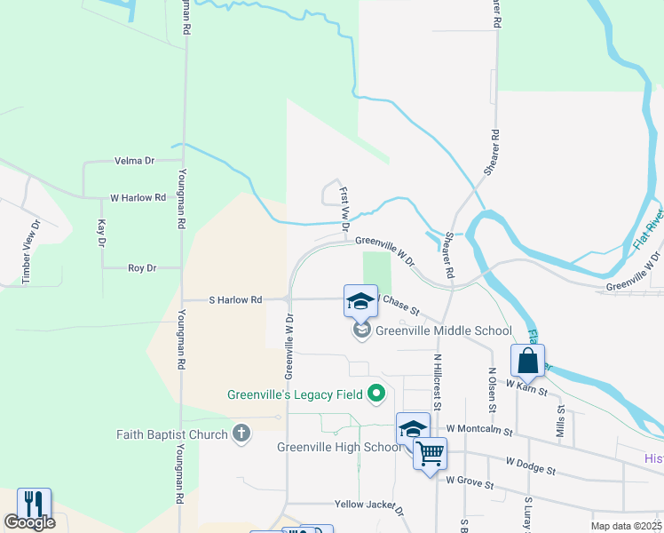 map of restaurants, bars, coffee shops, grocery stores, and more near 1414 West Chase Street in Greenville