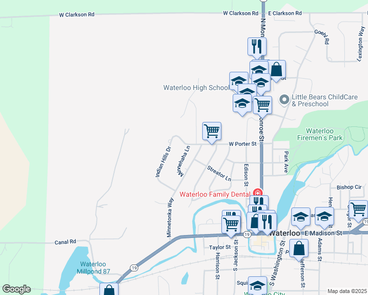 map of restaurants, bars, coffee shops, grocery stores, and more near 614 West Indian Hills Drive in Waterloo