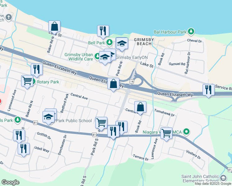 map of restaurants, bars, coffee shops, grocery stores, and more near 54 Park Road North in Grimsby