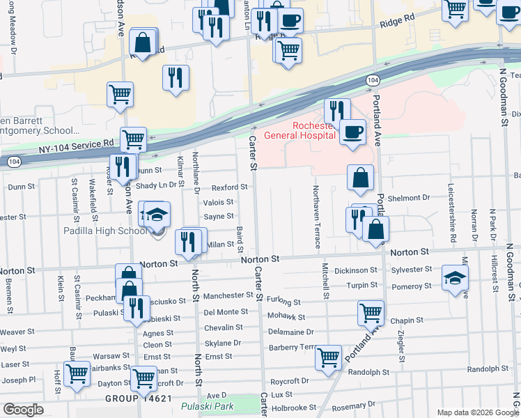 map of restaurants, bars, coffee shops, grocery stores, and more near 667 Carter Street in Rochester