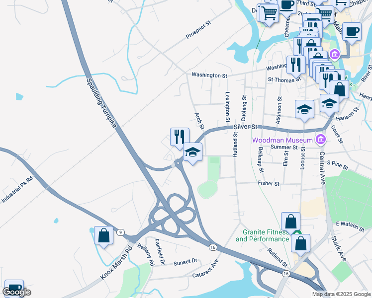 map of restaurants, bars, coffee shops, grocery stores, and more near 169 Silver Street in Dover