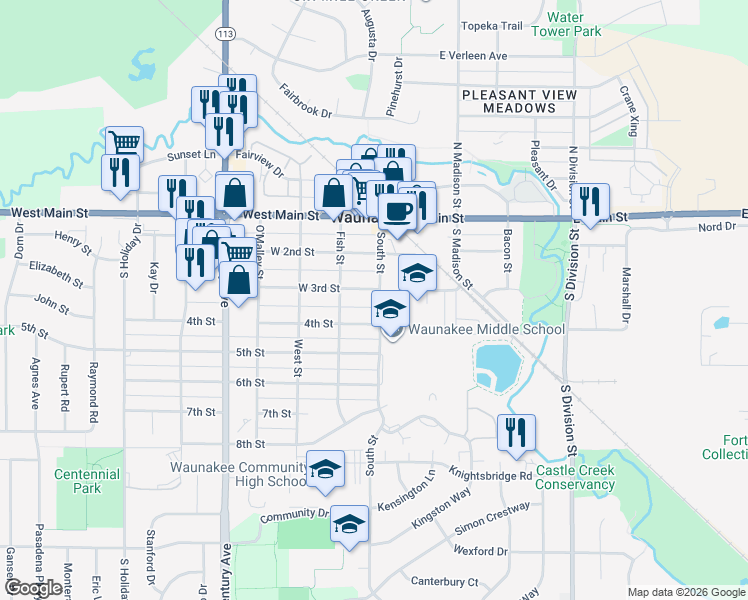 map of restaurants, bars, coffee shops, grocery stores, and more near 100 West 3rd Street in Waunakee