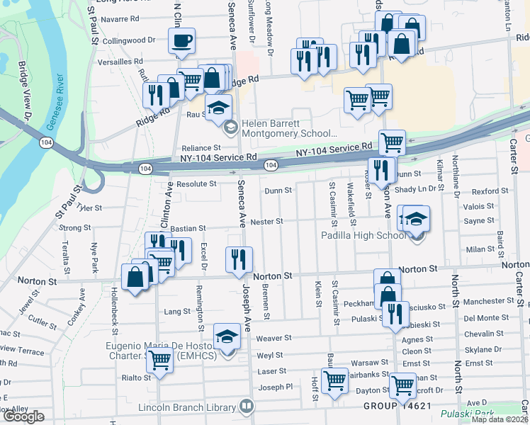 map of restaurants, bars, coffee shops, grocery stores, and more near 238 Bremen Street in Rochester