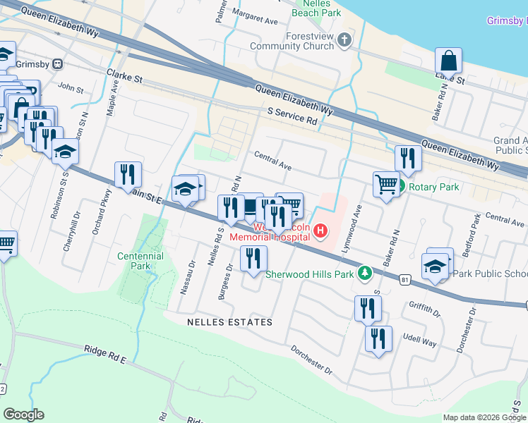 map of restaurants, bars, coffee shops, grocery stores, and more near 9 Wentworth Drive in Grimsby