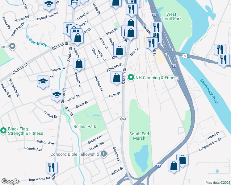 map of restaurants, bars, coffee shops, grocery stores, and more near 14-16 Holly Street in Concord