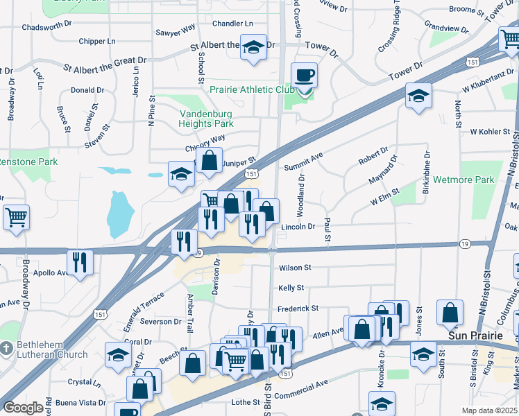 map of restaurants, bars, coffee shops, grocery stores, and more near 615 Schiller Street in Sun Prairie