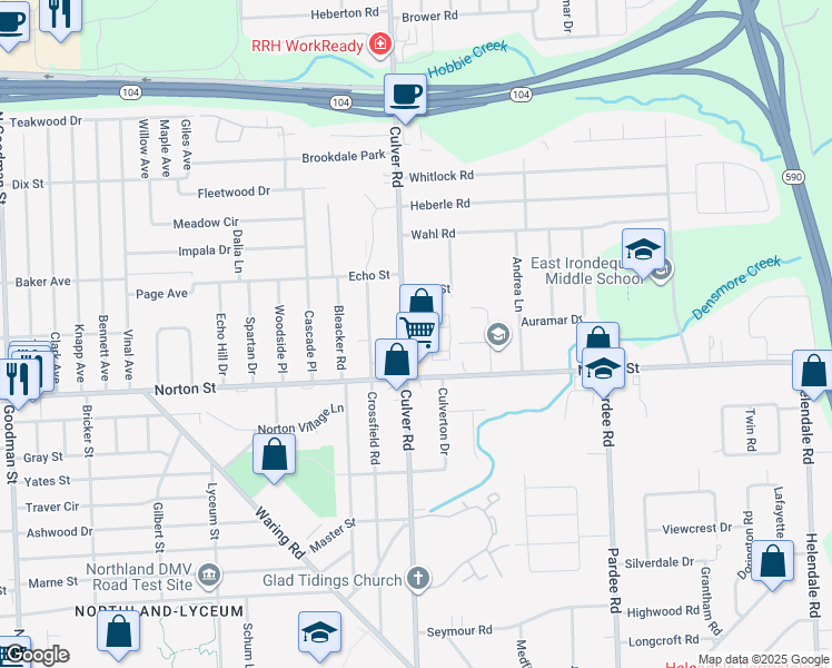 map of restaurants, bars, coffee shops, grocery stores, and more near 2360 Dixon Manor Way in Irondequoit