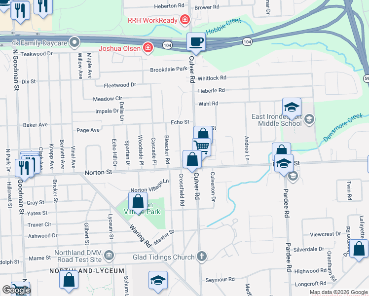 map of restaurants, bars, coffee shops, grocery stores, and more near 414 Crossfield Road in Rochester