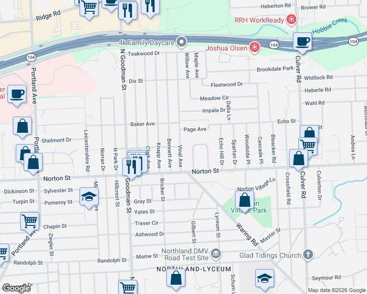 map of restaurants, bars, coffee shops, grocery stores, and more near 12 Strathmore Circle in Irondequoit
