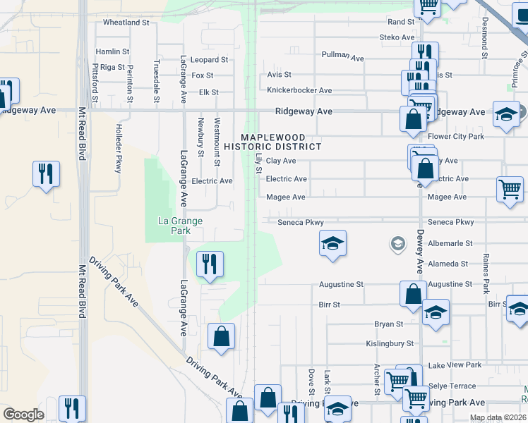 map of restaurants, bars, coffee shops, grocery stores, and more near 750 Seneca Parkway in Rochester