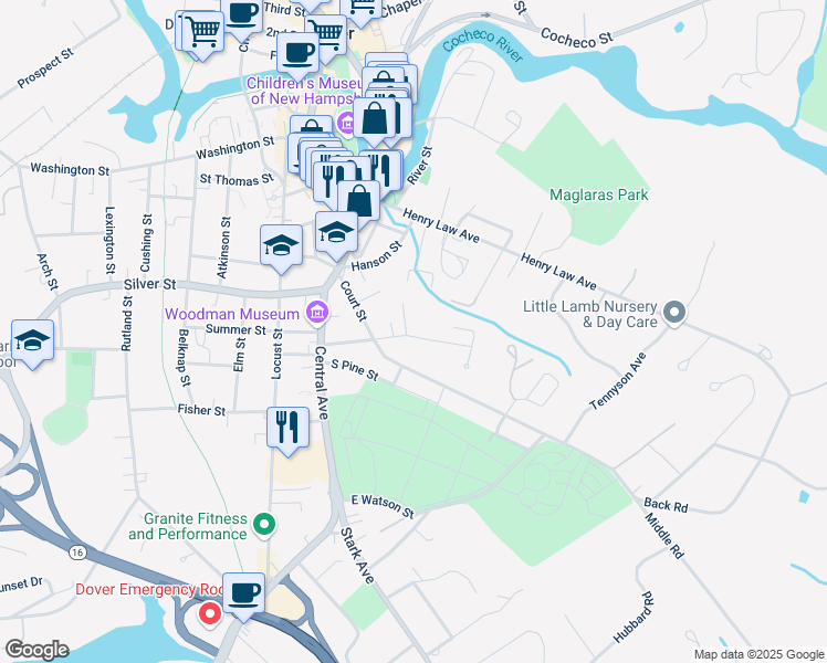 map of restaurants, bars, coffee shops, grocery stores, and more near 32 Union Street in Dover