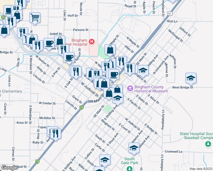map of restaurants, bars, coffee shops, grocery stores, and more near 75 Northwest Main Street in Blackfoot