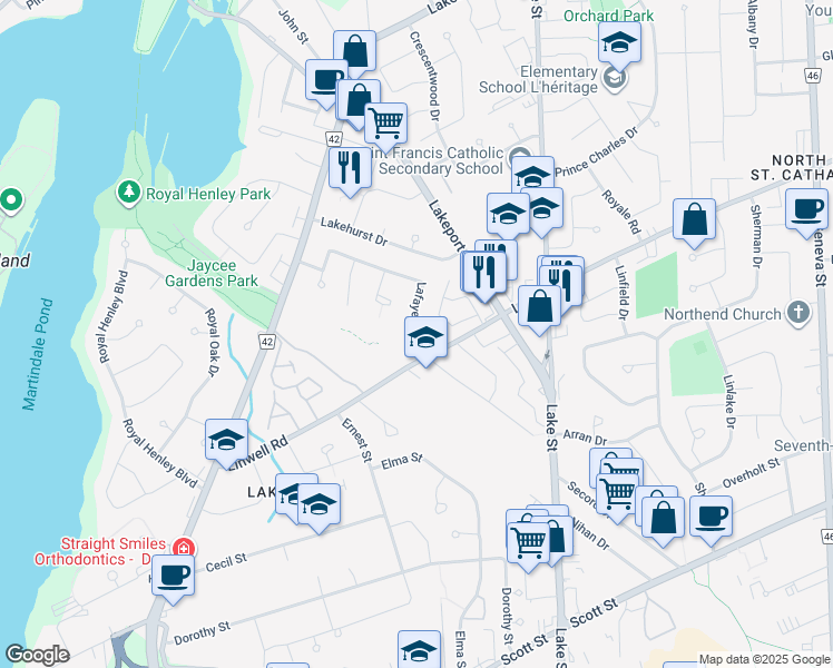 map of restaurants, bars, coffee shops, grocery stores, and more near 15 Lafayette Drive in St. Catharines