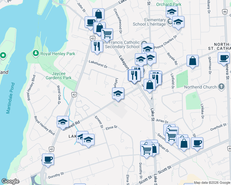 map of restaurants, bars, coffee shops, grocery stores, and more near 15 Lafayette Drive in St. Catharines