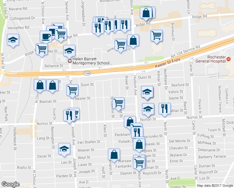 map of restaurants, bars, coffee shops, grocery stores, and more near 125 Wakefield Street in Rochester