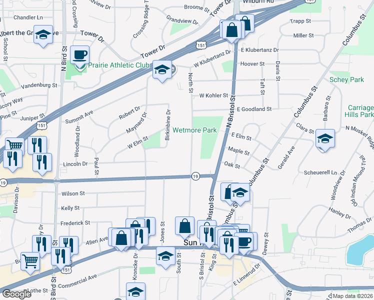 map of restaurants, bars, coffee shops, grocery stores, and more near 356 North St in Sun Prairie