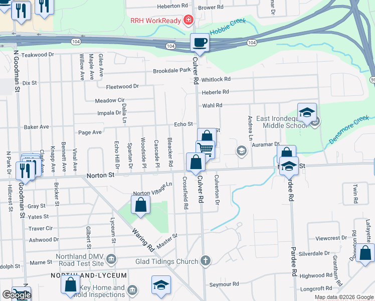 map of restaurants, bars, coffee shops, grocery stores, and more near 414 Crossfield Road in Rochester