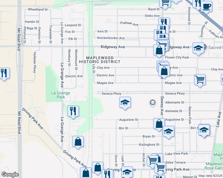 map of restaurants, bars, coffee shops, grocery stores, and more near 660 Seneca Parkway in Rochester