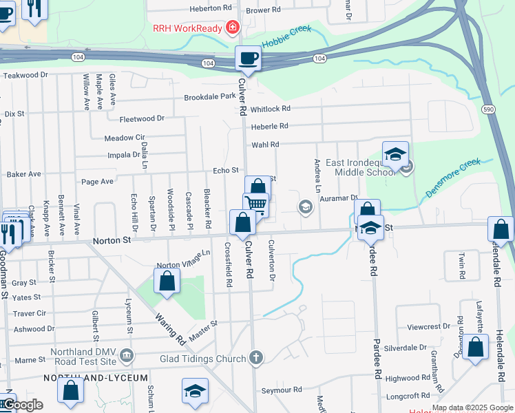 map of restaurants, bars, coffee shops, grocery stores, and more near 2360 Dixon Manor Way in Irondequoit