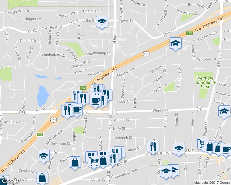 map of restaurants, bars, coffee shops, grocery stores, and more near 629 North Bird Street in Sun Prairie