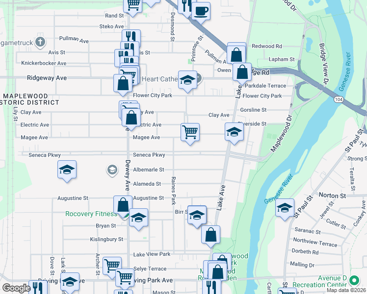 map of restaurants, bars, coffee shops, grocery stores, and more near 232 Seneca Parkway in Rochester
