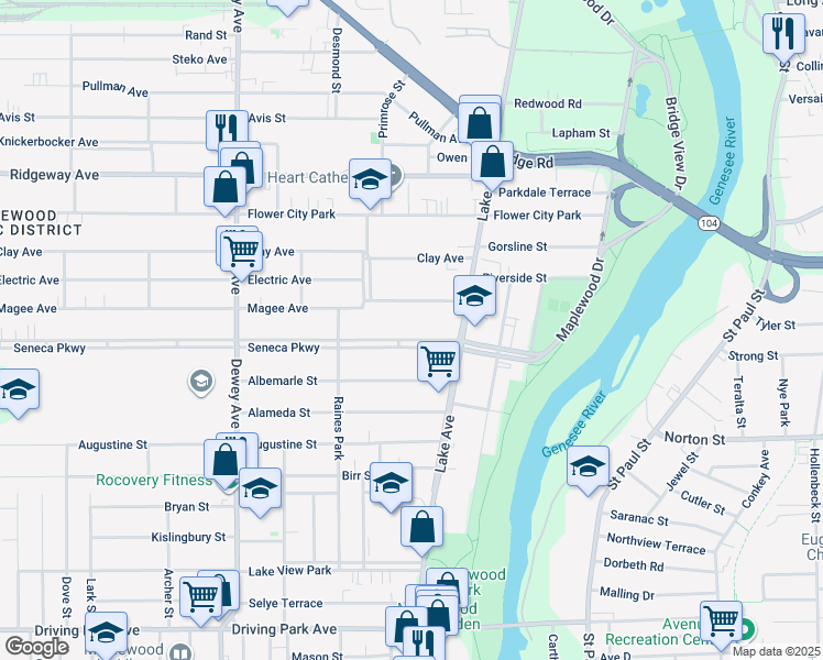 map of restaurants, bars, coffee shops, grocery stores, and more near 160 Seneca Parkway in Rochester