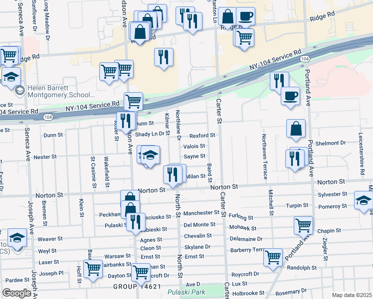 map of restaurants, bars, coffee shops, grocery stores, and more near 15 Valois Street in Rochester
