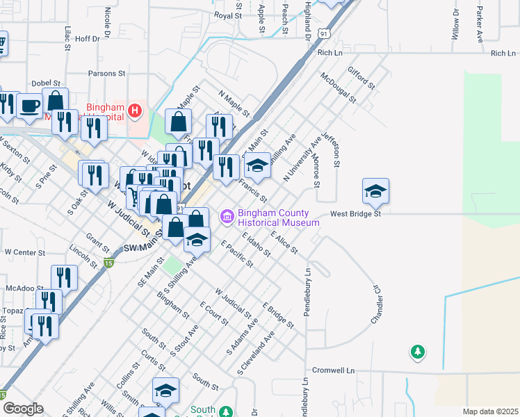 map of restaurants, bars, coffee shops, grocery stores, and more near 365 North University Avenue in Blackfoot