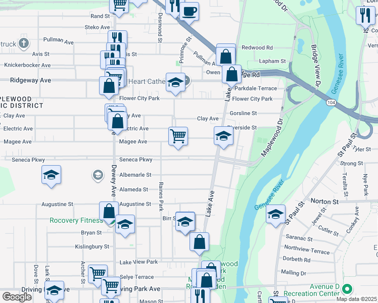 map of restaurants, bars, coffee shops, grocery stores, and more near 180 Seneca Parkway in Rochester