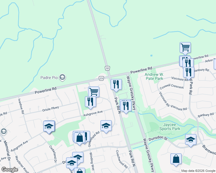 map of restaurants, bars, coffee shops, grocery stores, and more near 20 Black Locust Way in Brantford