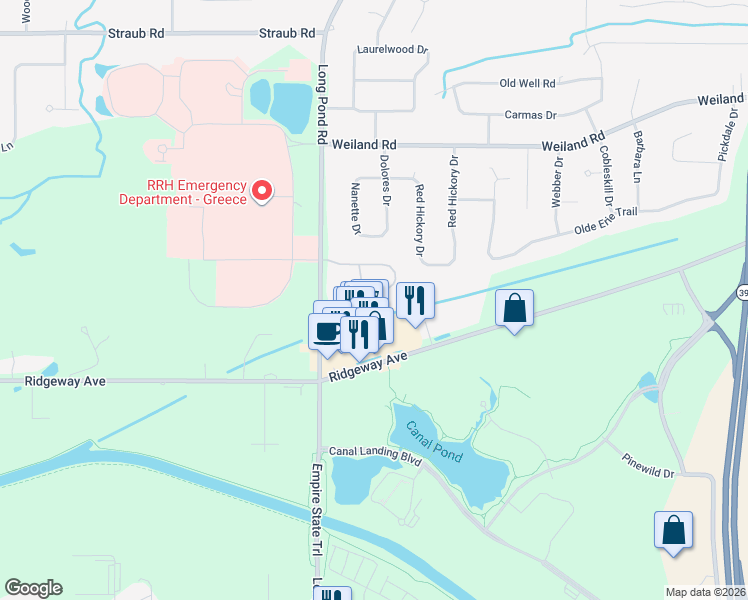 map of restaurants, bars, coffee shops, grocery stores, and more near 74 Amberwood Place in Rochester