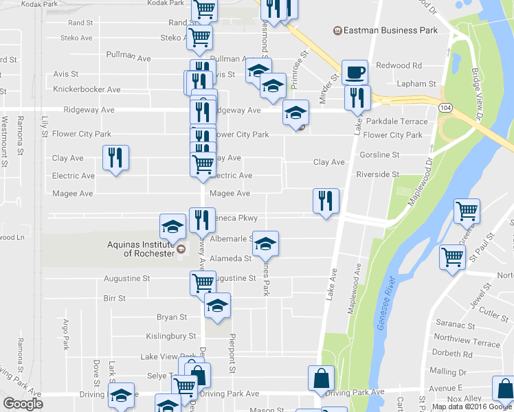 map of restaurants, bars, coffee shops, grocery stores, and more near 282 Seneca Pkwy in Rochester